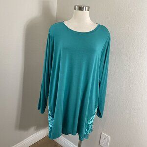 Lori Goldstein Womens Plus‎ 3X Teal Tunic Top Velvet Burnout Long Sleeve Stretch